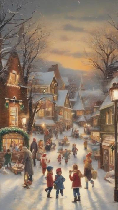 A_Painting_Of_A_Snowy_Village_With_Seasonal & Holiday_9-16_17