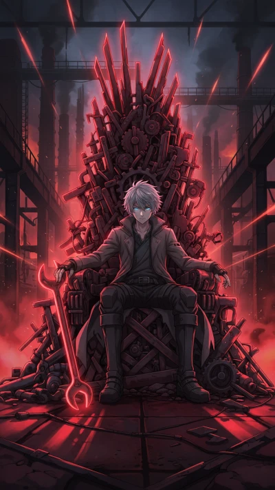 Anime boy sitting on a throne metallic red