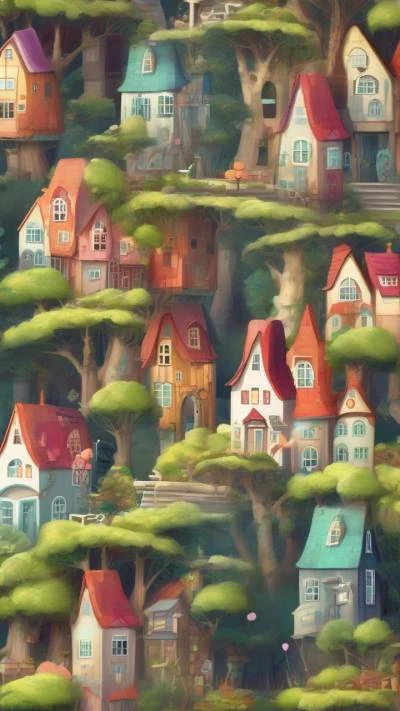 A_Painting_Of_Houses_In_The_Woods_Art & Illustration_9-16_17
