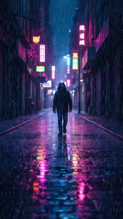 A boy walking rainy streets