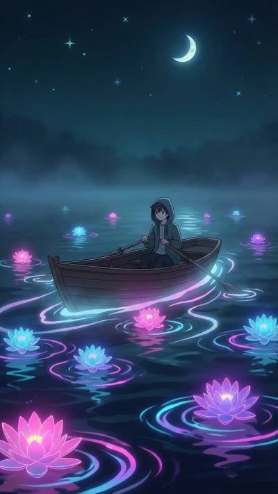 boy boating on a glowing lake