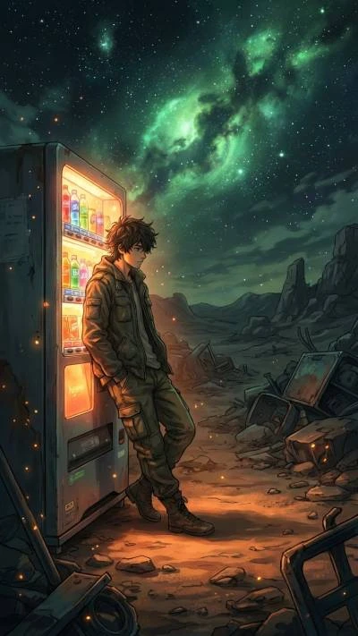 Anime boy leaning on a vending machine
