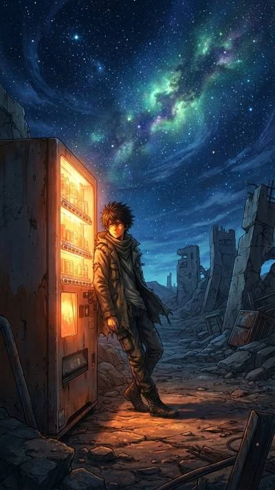 Anime boy leaning on a glowing vending machine