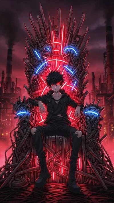 Anime boy sitting on a throne red blue