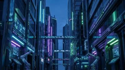 Cyber punk city buildings with neon lights