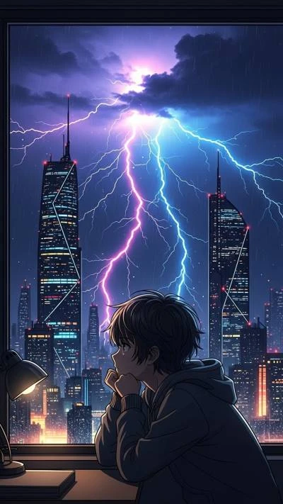 Anime Boy in a dark room and lightning outside