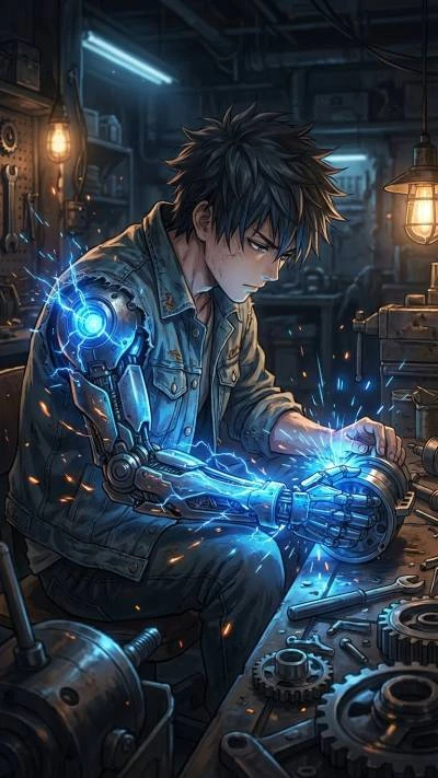 Anime boy with mechanical hands creating