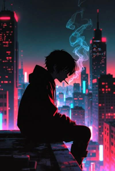 Anime Boy Smoking on the roof top neon cyberpunk environment
