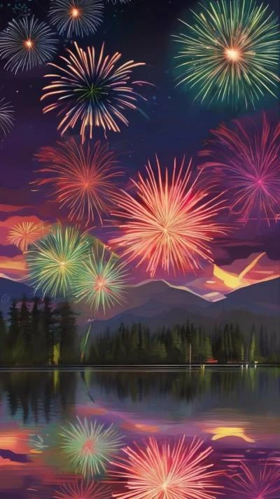 Fireworkss_Over_A_Lake_At_Night_Seasonal & Holiday_9-16_65