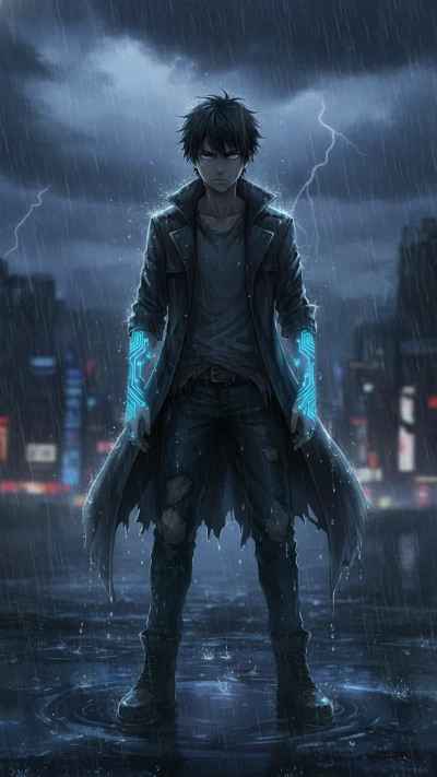 Anime boy standing on a rainy night with glowing hand power