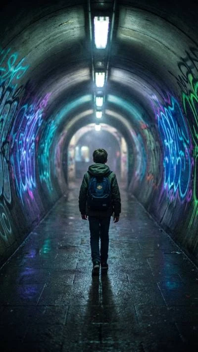 Lone boy walking subway