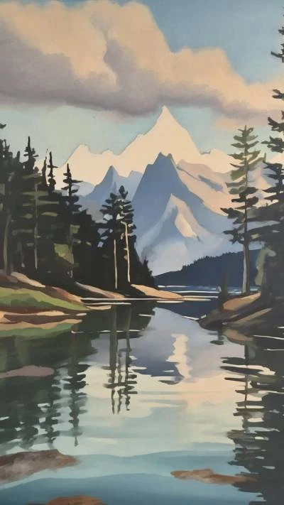A_Painting_Of_A_Mountain_Lake_With_Art & Illustration_9-16_82