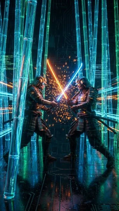 Cybernetic samurai duel neon bamboo