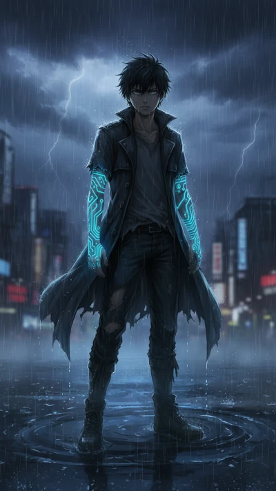 Anime boy standing on a rainy night hands glowing