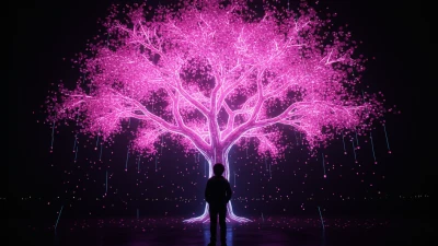Silhouetted boy under pink tree