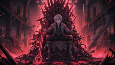 Anime boy sitting on a throne of swords