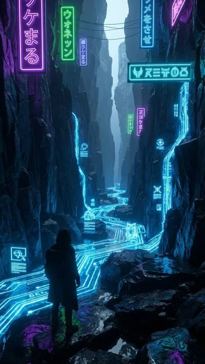 Lone wanderer in the futuristic cave