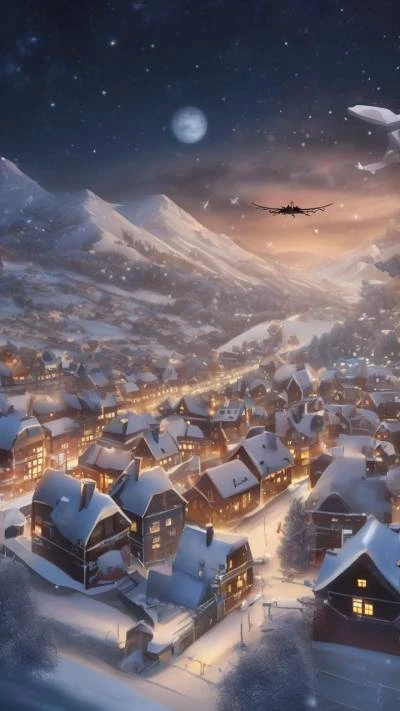 A_Snowy_Village_With_A_Plane_Flying_Seasonal & Holiday_9-16_52