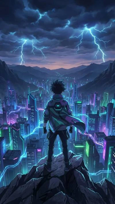 Anime boy standing on top looking at the cyberpunk city