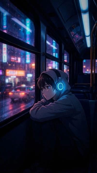 Anime boy with Headphones looking out