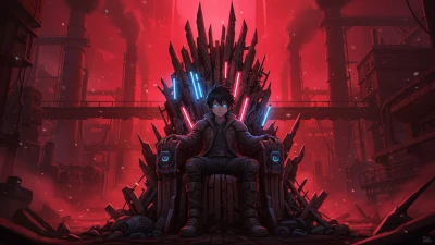 Anime boy sitting on a throne with swords
