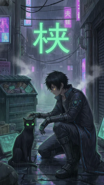 Anime boy with cat on the street