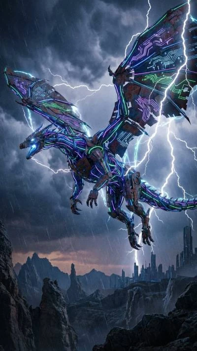 A mechanical dragon lightning