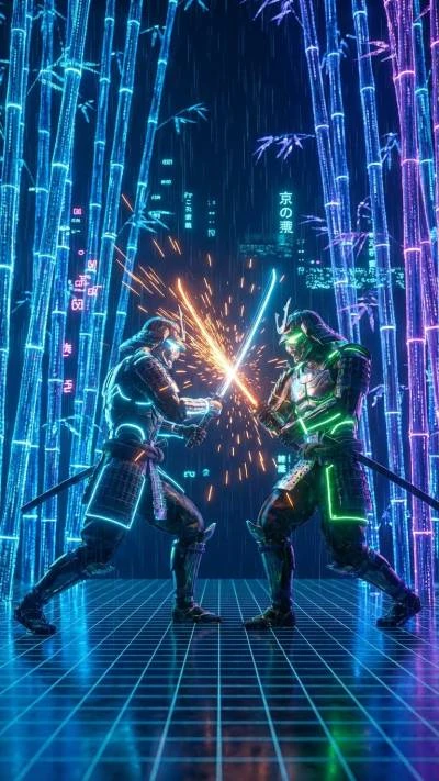 Cybernetic samurai duel neon