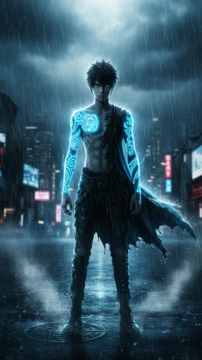 Anime boy standing on a rainy night glowing hands