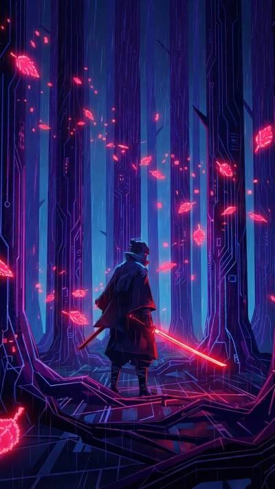 Lone swordsman in deep forest