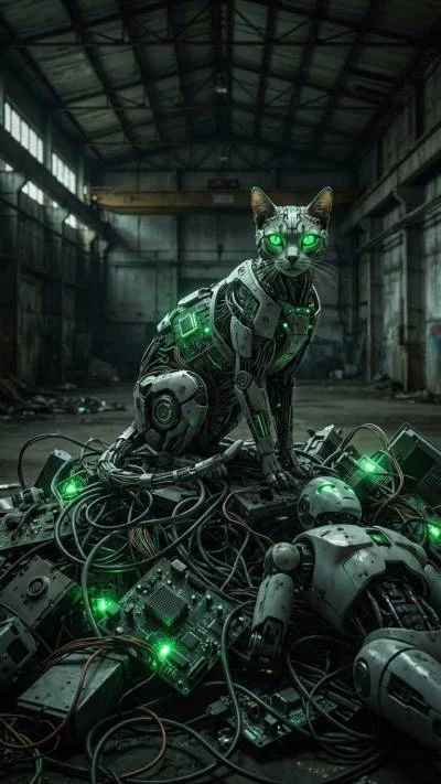 A cyborg cat closeup